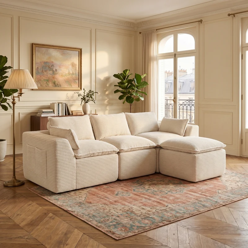Canapé modulable 3 places avec pouf et coussins tissu chenille beige, poches latérales et porte-gobelet BENCHPOINT