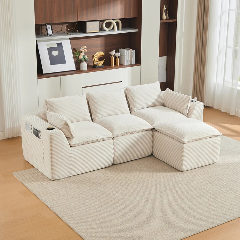 Canapé modulable 3 places avec pouf et coussins tissu chenille beige, poches latérales et porte-gobelet BENCHPOINT