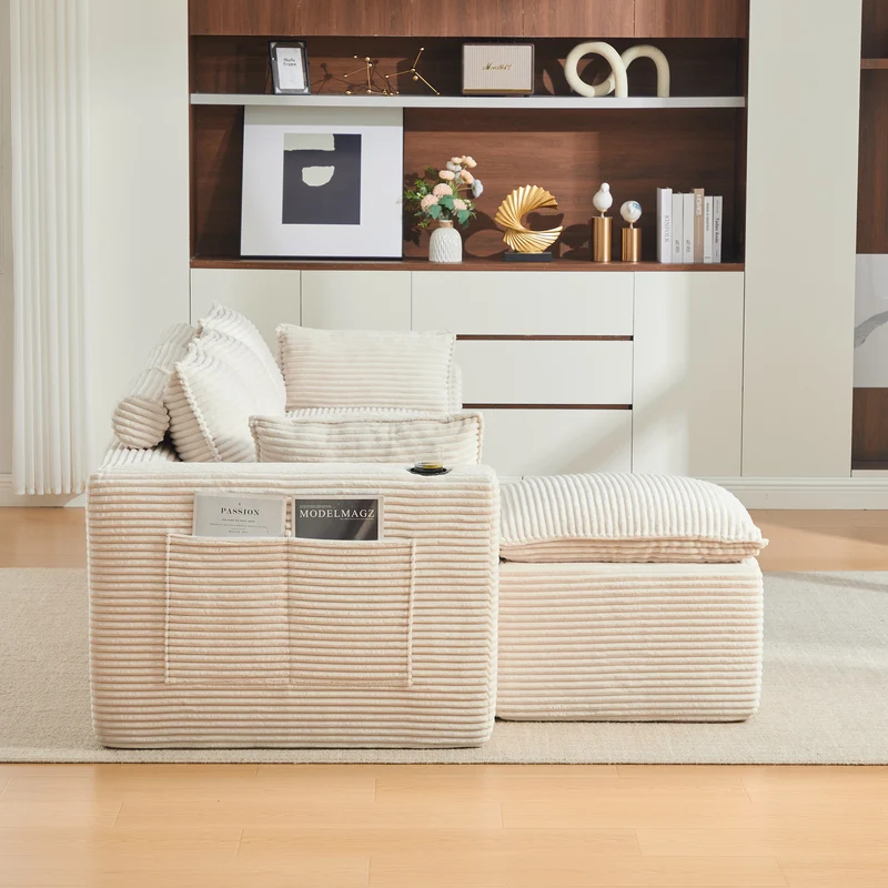 Canapé modulable 3 places avec pouf et coussins tissu chenille beige, poches latérales et porte-gobelet BENCHPOINT