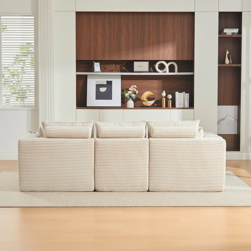 Canapé modulable 3 places avec pouf et coussins tissu chenille beige, poches latérales et porte-gobelet BENCHPOINT