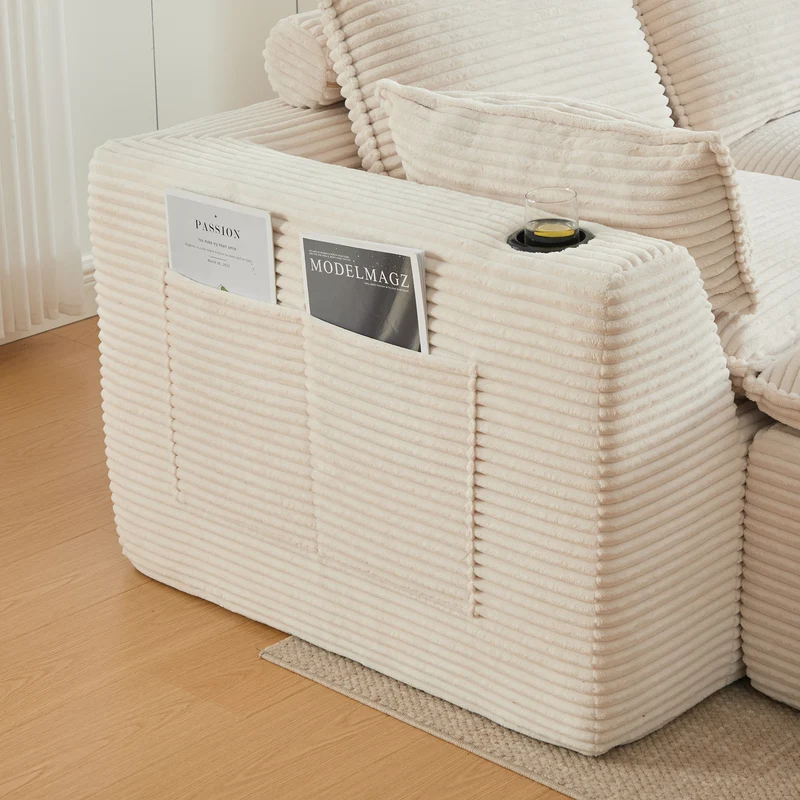 Canapé modulable 3 places avec pouf et coussins tissu chenille beige, poches latérales et porte-gobelet BENCHPOINT