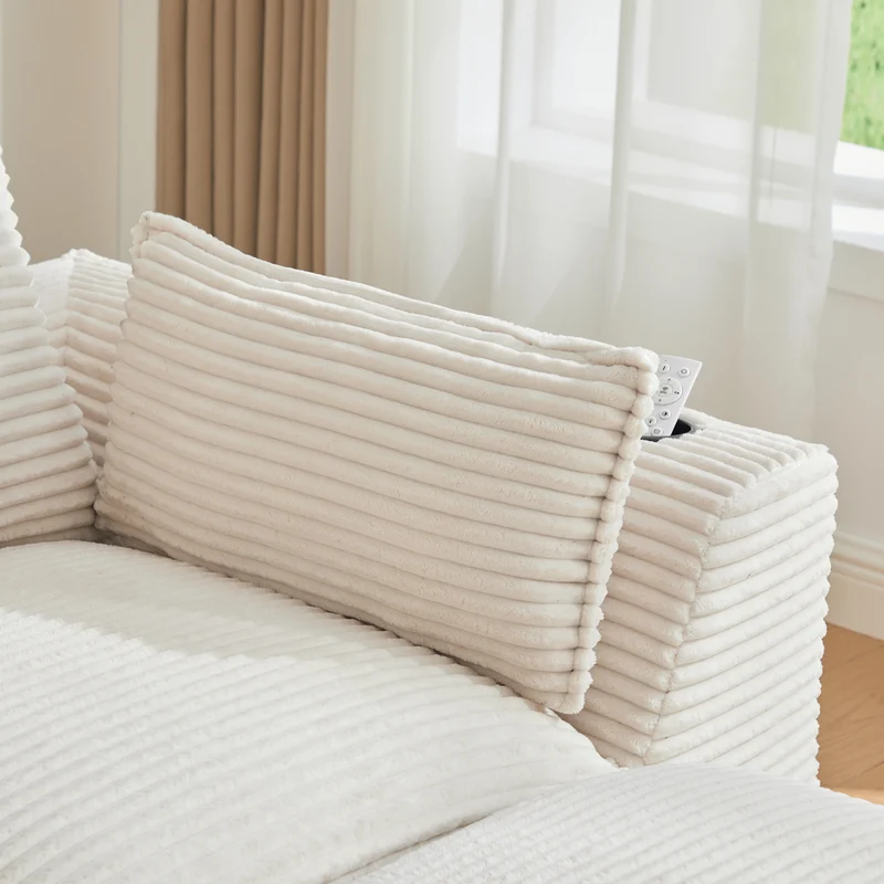 Canapé modulable 3 places avec pouf et coussins tissu chenille beige, poches latérales et porte-gobelet BENCHPOINT