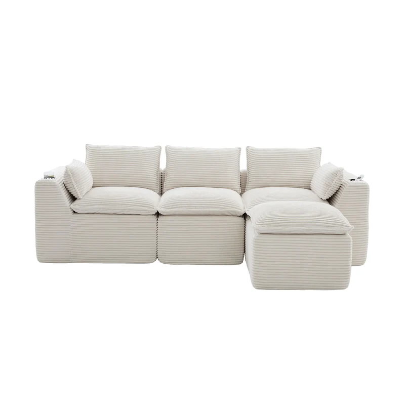 Canapé modulable 3 places avec pouf et coussins tissu chenille beige, poches latérales et porte-gobelet BENCHPOINT
