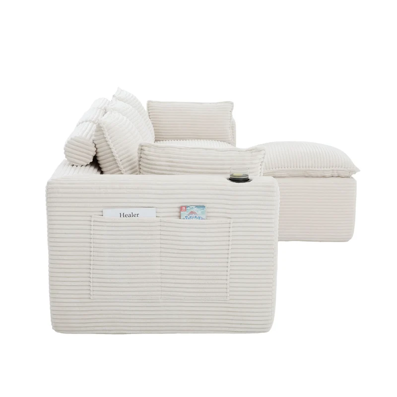 Canapé modulable 3 places avec pouf et coussins tissu chenille beige, poches latérales et porte-gobelet BENCHPOINT