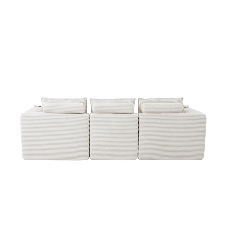 Canapé modulable 3 places avec pouf et coussins tissu chenille beige, poches latérales et porte-gobelet BENCHPOINT