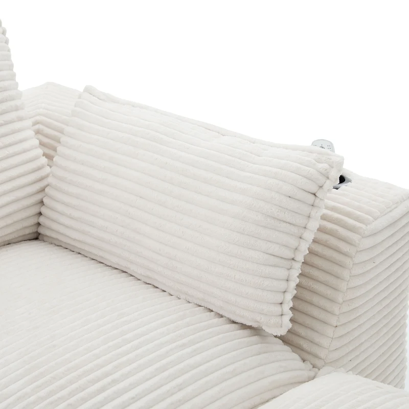 Canapé modulable 3 places avec pouf et coussins tissu chenille beige, poches latérales et porte-gobelet BENCHPOINT