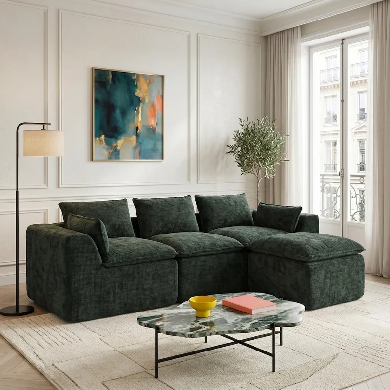 Canapé modulable 3 places avec pouf, tissu chenille vert foncé, coussins inclus, poches latérales et porte-gobelet BENCHPRO