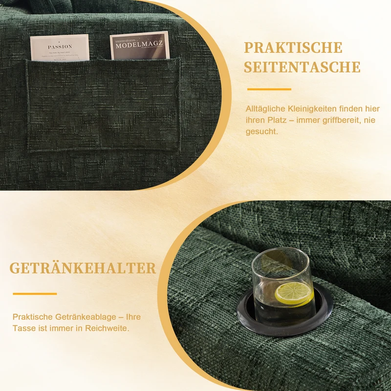 Canapé modulable 3 places avec pouf, tissu chenille vert foncé, coussins inclus, poches latérales et porte-gobelet BENCHPRO