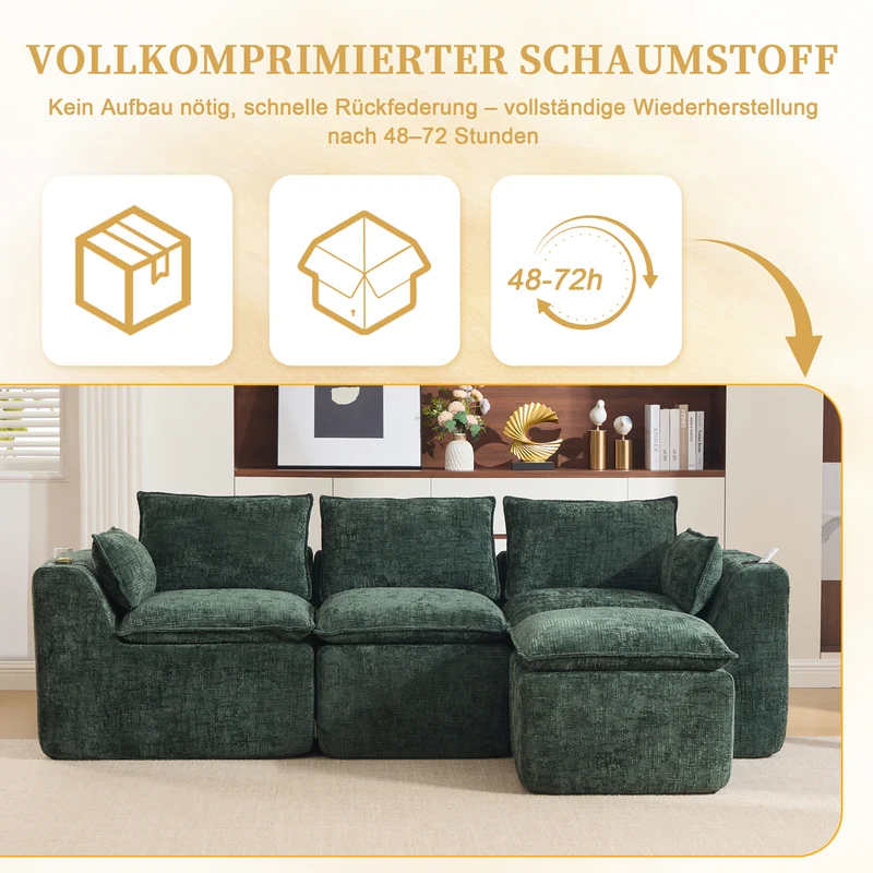 Canapé modulable 3 places avec pouf, tissu chenille vert foncé, coussins inclus, poches latérales et porte-gobelet BENCHPRO