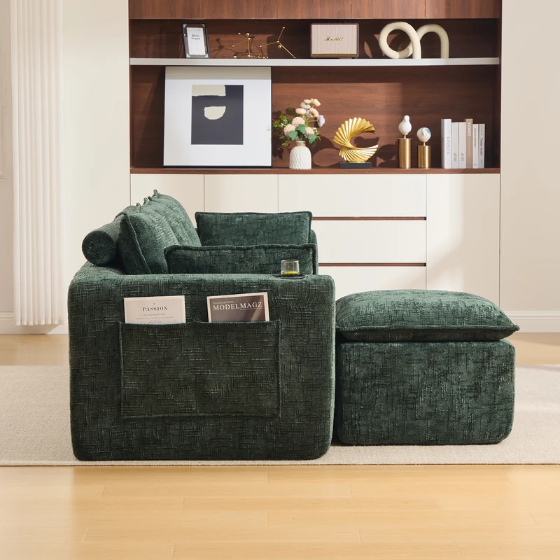 Canapé modulable 3 places avec pouf, tissu chenille vert foncé, coussins inclus, poches latérales et porte-gobelet BENCHPRO