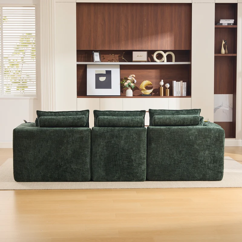 Canapé modulable 3 places avec pouf, tissu chenille vert foncé, coussins inclus, poches latérales et porte-gobelet BENCHPRO
