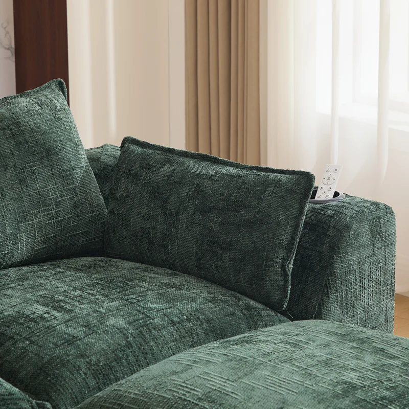 Canapé modulable 3 places avec pouf, tissu chenille vert foncé, coussins inclus, poches latérales et porte-gobelet BENCHPRO