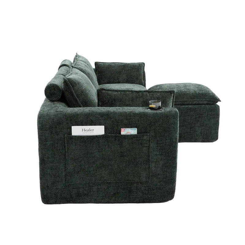 Canapé modulable 3 places avec pouf, tissu chenille vert foncé, coussins inclus, poches latérales et porte-gobelet BENCHPRO