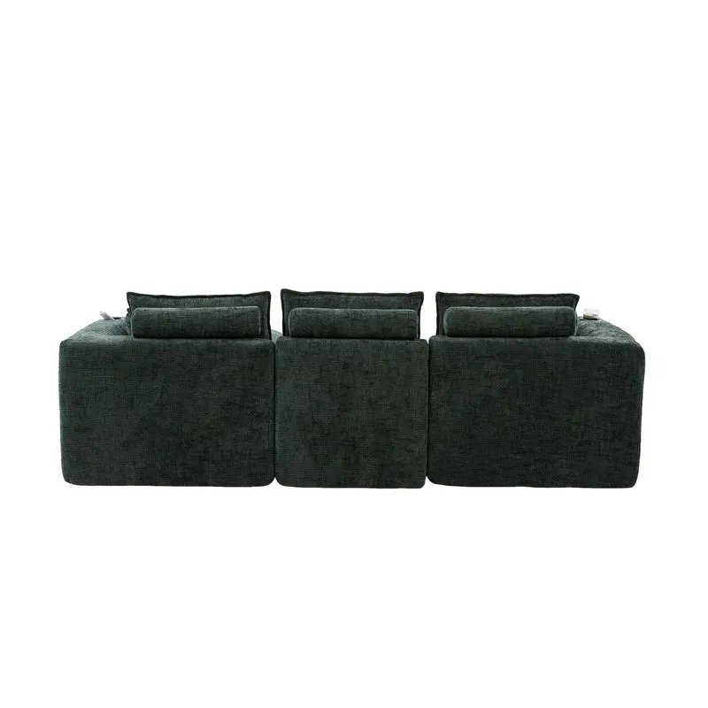 Canapé modulable 3 places avec pouf, tissu chenille vert foncé, coussins inclus, poches latérales et porte-gobelet BENCHPRO