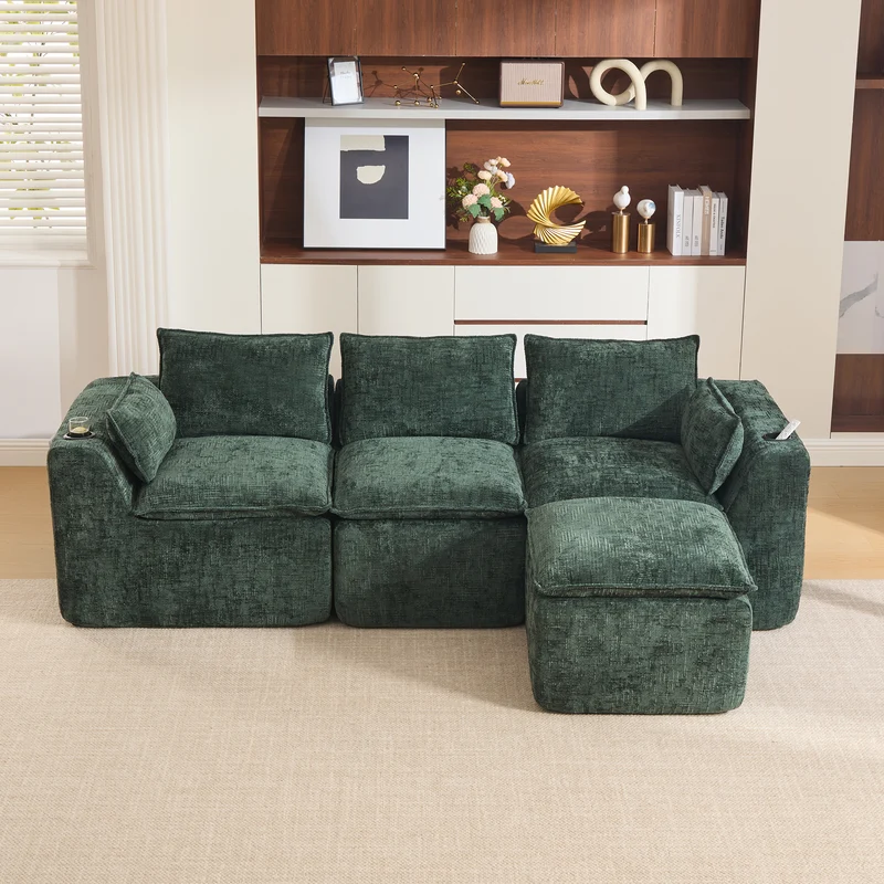 Canapé modulable 3 places avec pouf, tissu chenille vert foncé, coussins inclus, poches latérales et porte-gobelet BENCHPRO