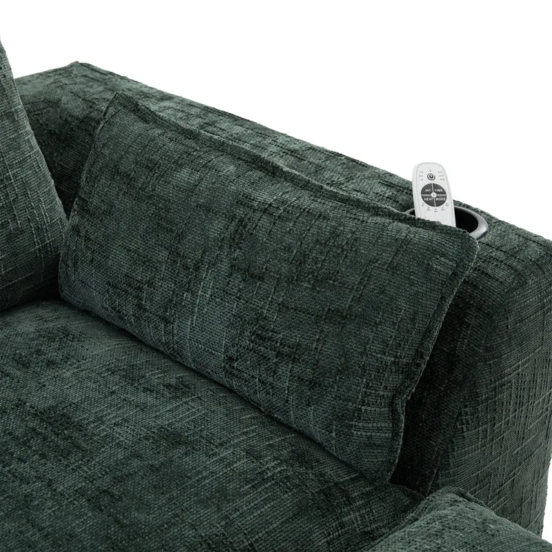 Canapé modulable 3 places avec pouf, tissu chenille vert foncé, coussins inclus, poches latérales et porte-gobelet BENCHPRO