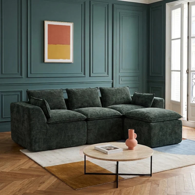 Canapé modulable 3 places avec pouf, tissu chenille vert foncé, coussins inclus, poches latérales et porte-gobelet BENCHPRO