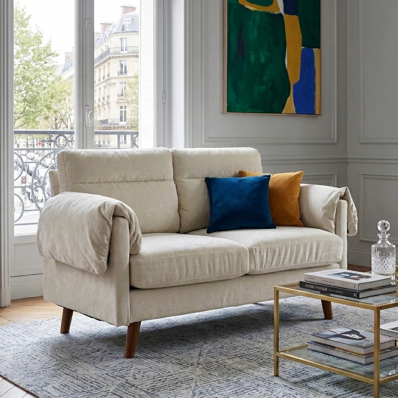 Canapé 2 places compact en chenille douce beige 124x70x85cm BIRCHTHROW