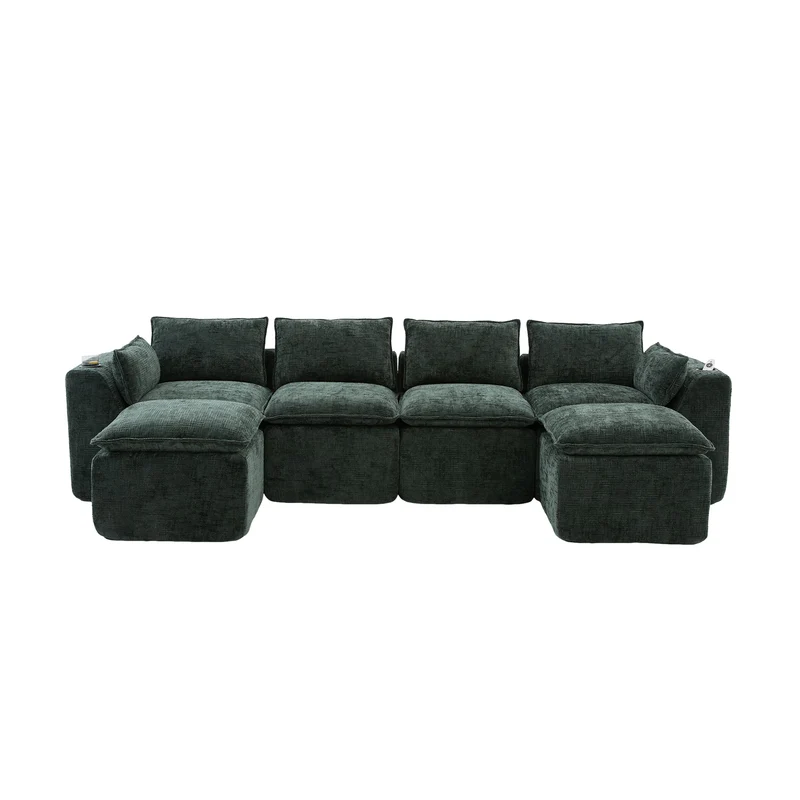 Canapé panoramique modulable 4 places vert foncé en tissu chenille avec 2 poufs, coussins, porte-gobelets et poches latérales BENCHSTONE