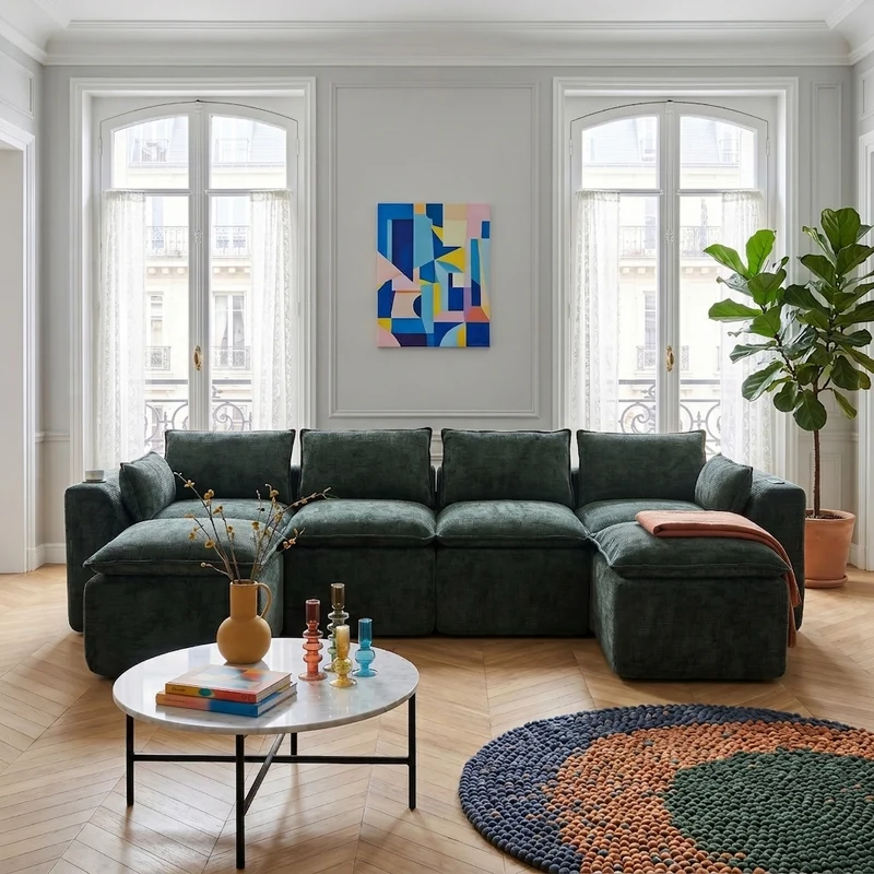 Canapé panoramique modulable 4 places vert foncé en tissu chenille avec 2 poufs, coussins, porte-gobelets et poches latérales BENCHSTONE