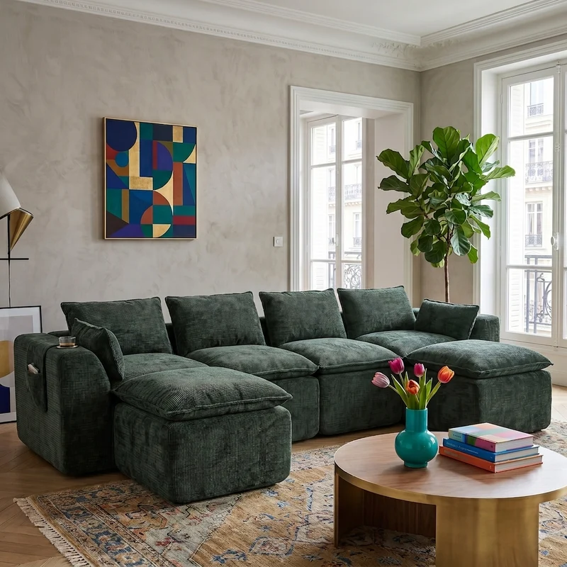 Canapé panoramique modulable 4 places vert foncé en tissu chenille avec 2 poufs, coussins, porte-gobelets et poches latérales BENCHSTONE