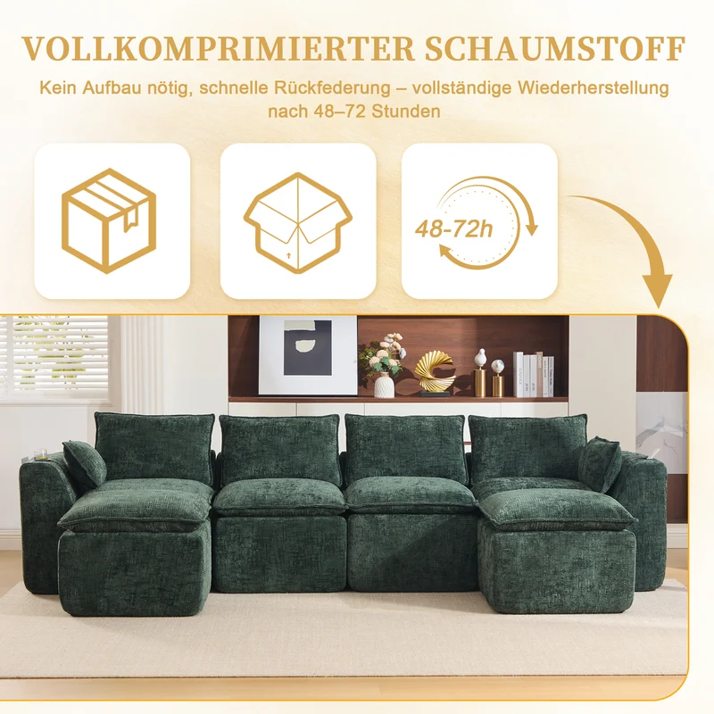 Canapé panoramique modulable 4 places vert foncé en tissu chenille avec 2 poufs, coussins, porte-gobelets et poches latérales BENCHSTONE