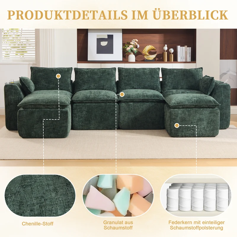 Canapé panoramique modulable 4 places vert foncé en tissu chenille avec 2 poufs, coussins, porte-gobelets et poches latérales BENCHSTONE