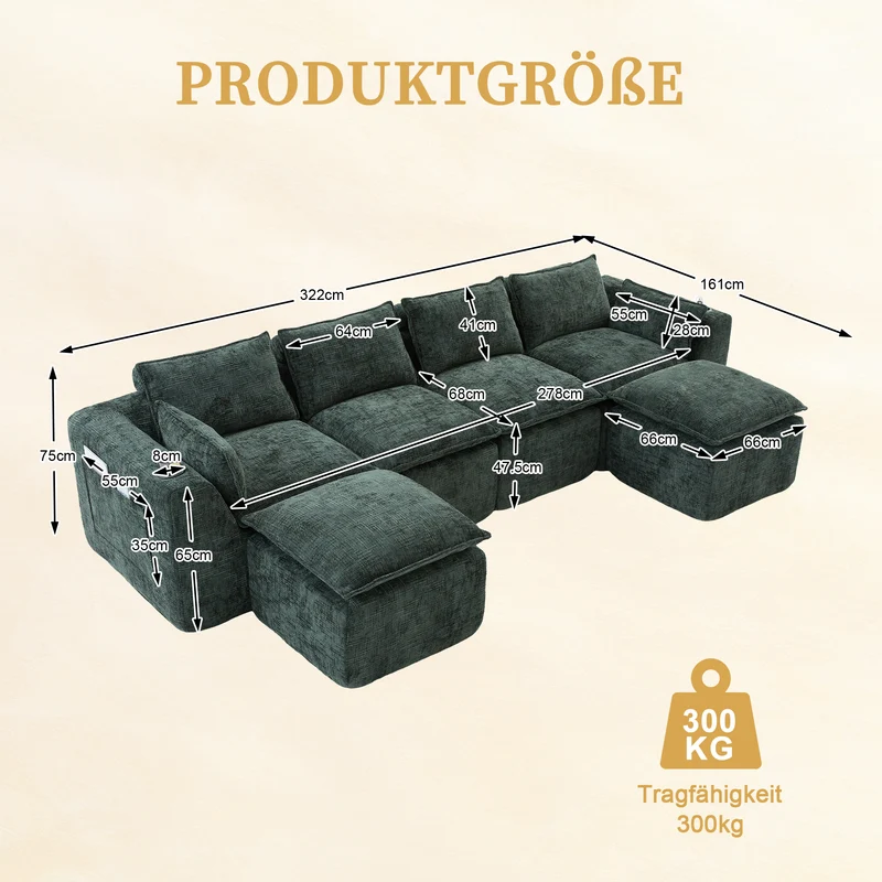 Canapé panoramique modulable 4 places vert foncé en tissu chenille avec 2 poufs, coussins, porte-gobelets et poches latérales BENCHSTONE