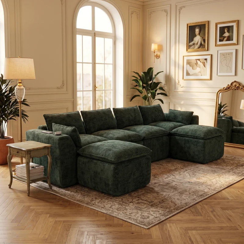 Canapé panoramique modulable 4 places vert foncé en tissu chenille avec 2 poufs, coussins, porte-gobelets et poches latérales BENCHSTONE