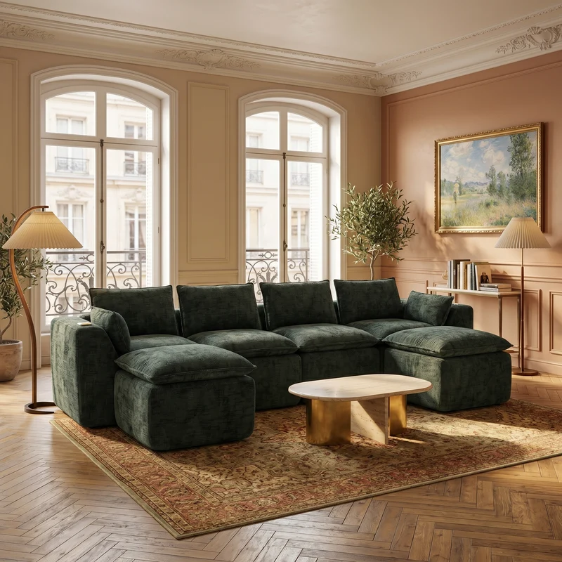 Canapé panoramique modulable 4 places vert foncé en tissu chenille avec 2 poufs, coussins, porte-gobelets et poches latérales BENCHSTONE