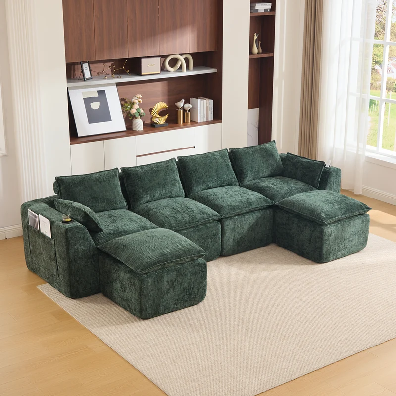 Canapé panoramique modulable 4 places vert foncé en tissu chenille avec 2 poufs, coussins, porte-gobelets et poches latérales BENCHSTONE
