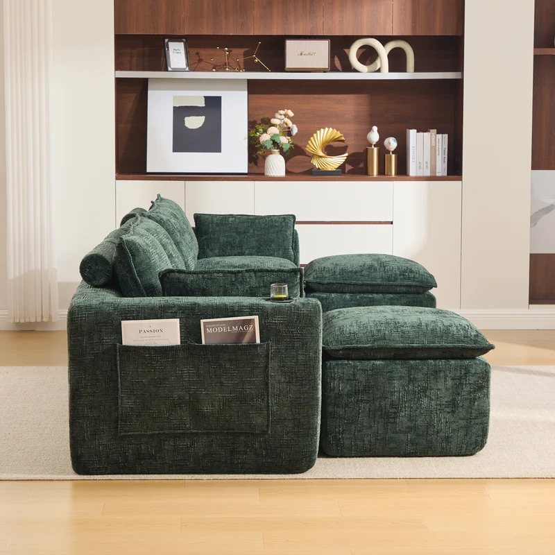 Canapé panoramique modulable 4 places vert foncé en tissu chenille avec 2 poufs, coussins, porte-gobelets et poches latérales BENCHSTONE