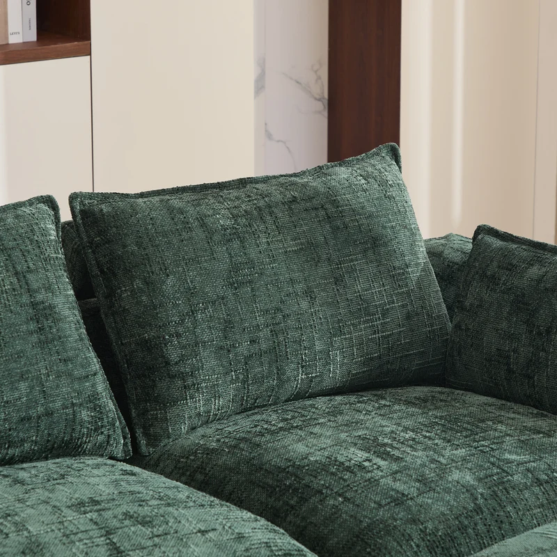 Canapé panoramique modulable 4 places vert foncé en tissu chenille avec 2 poufs, coussins, porte-gobelets et poches latérales BENCHSTONE