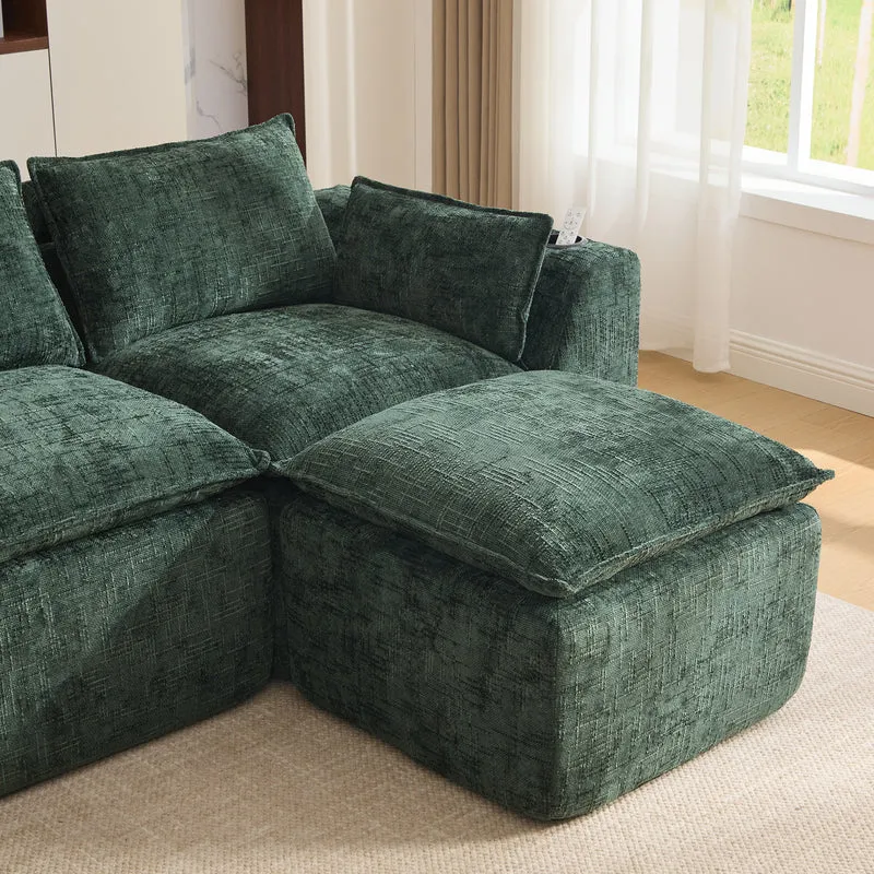 Canapé panoramique modulable 4 places vert foncé en tissu chenille avec 2 poufs, coussins, porte-gobelets et poches latérales BENCHSTONE