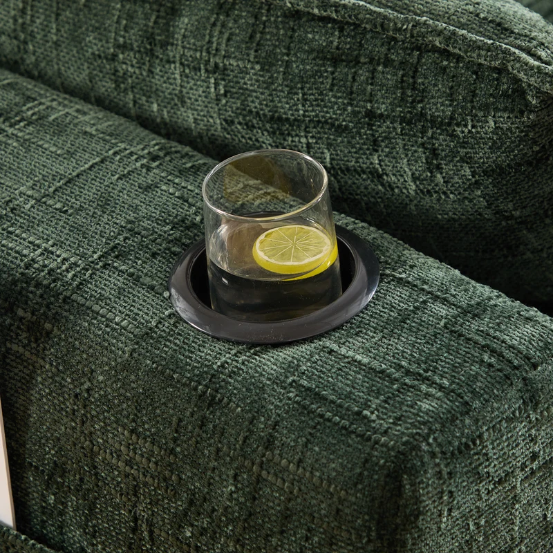 Canapé panoramique modulable 4 places vert foncé en tissu chenille avec 2 poufs, coussins, porte-gobelets et poches latérales BENCHSTONE