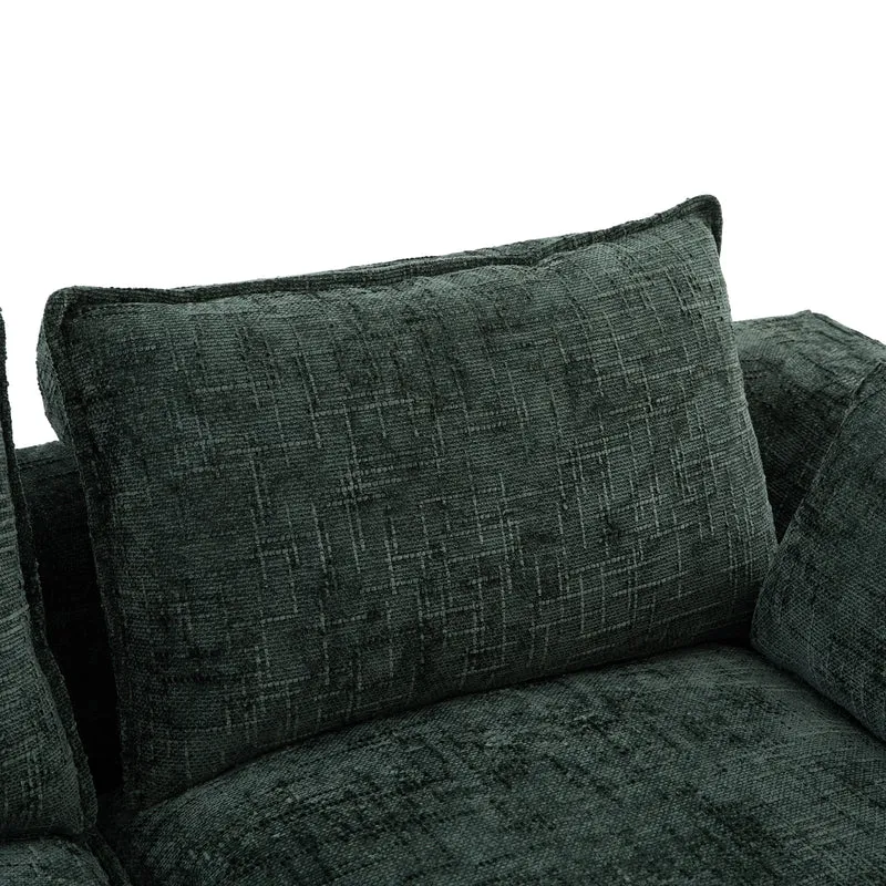 Canapé panoramique modulable 4 places vert foncé en tissu chenille avec 2 poufs, coussins, porte-gobelets et poches latérales BENCHSTONE