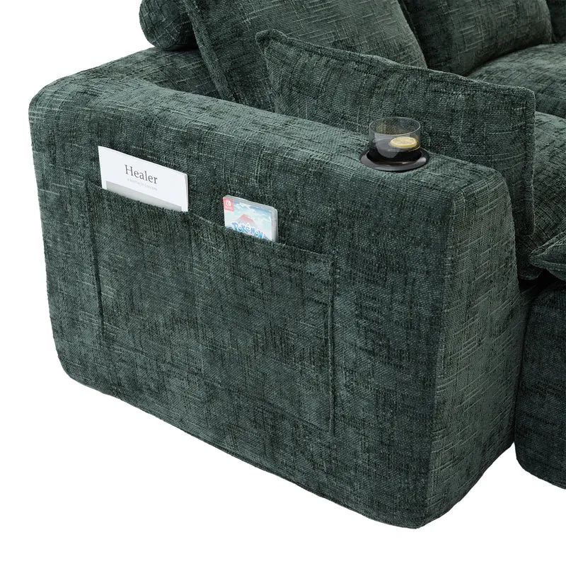 Canapé panoramique modulable 4 places vert foncé en tissu chenille avec 2 poufs, coussins, porte-gobelets et poches latérales BENCHSTONE