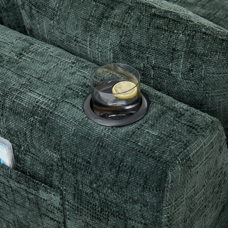 Canapé panoramique modulable 4 places vert foncé en tissu chenille avec 2 poufs, coussins, porte-gobelets et poches latérales BENCHSTONE