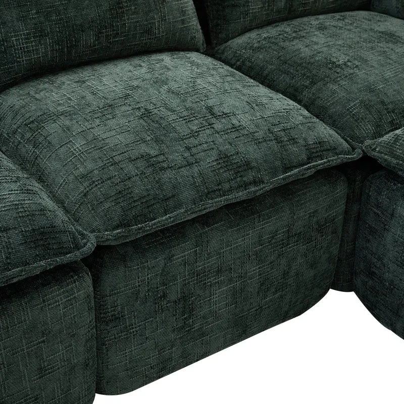 Canapé panoramique modulable 4 places vert foncé en tissu chenille avec 2 poufs, coussins, porte-gobelets et poches latérales BENCHSTONE