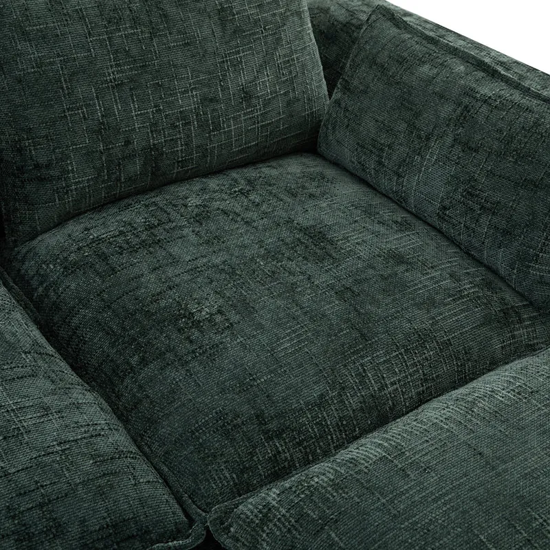 Canapé panoramique modulable 4 places vert foncé en tissu chenille avec 2 poufs, coussins, porte-gobelets et poches latérales BENCHSTONE
