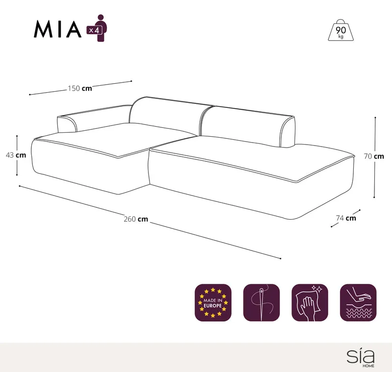 Canapé angle gauche 260cm MIA Velours