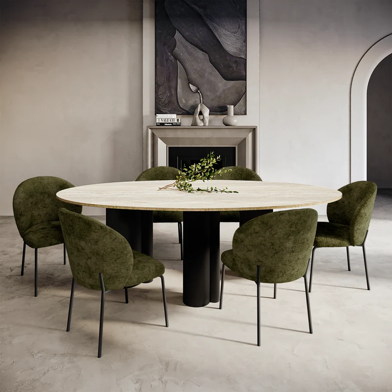 Table à manger OLIA Travertin et pieds noirs 220x110x76cm