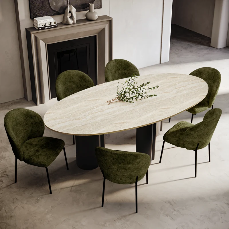 Table à manger OLIA Travertin et pieds noirs 220x110x76cm