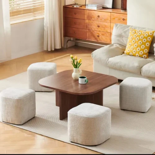 Table basse - Effet Noyer - Tabourets intégrés - Domino