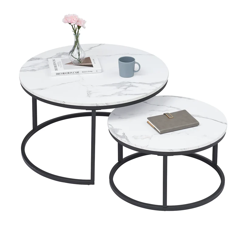Table basse Luc — finition blanche, bois, marbre, métal