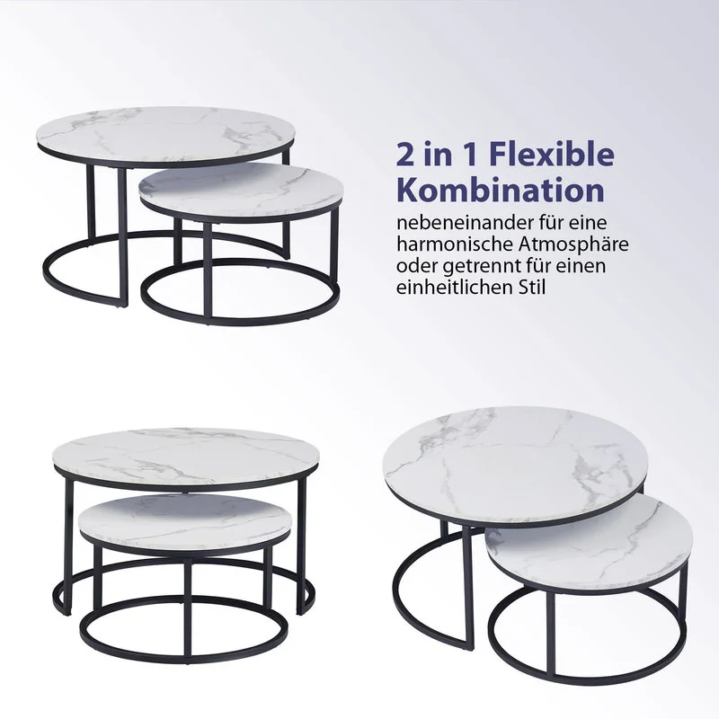 Table basse Luc — finition blanche, bois, marbre, métal