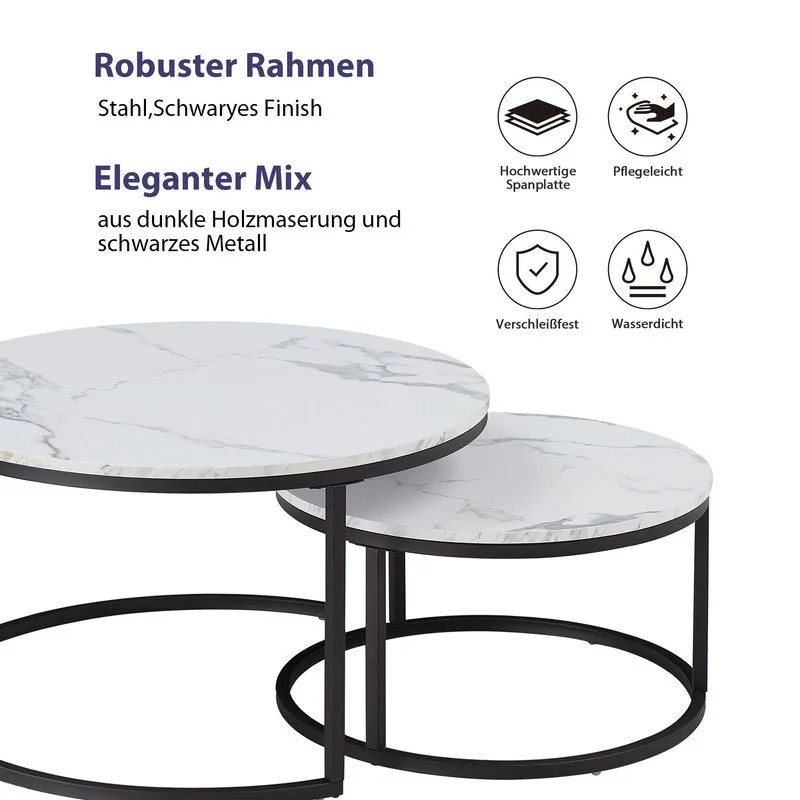 Table basse Luc — finition blanche, bois, marbre, métal