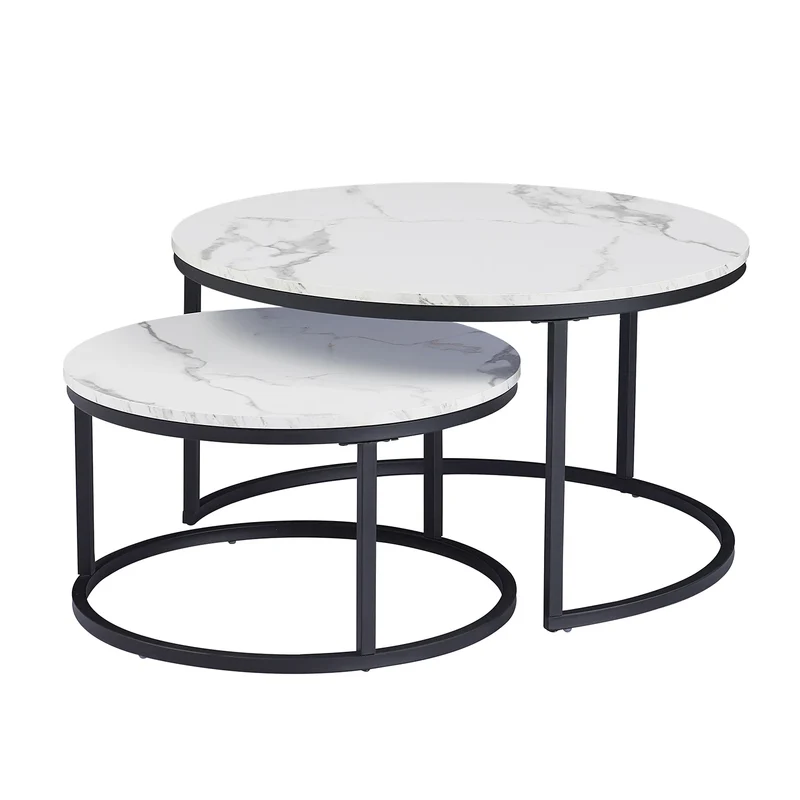 Table basse Luc — finition blanche, bois, marbre, métal