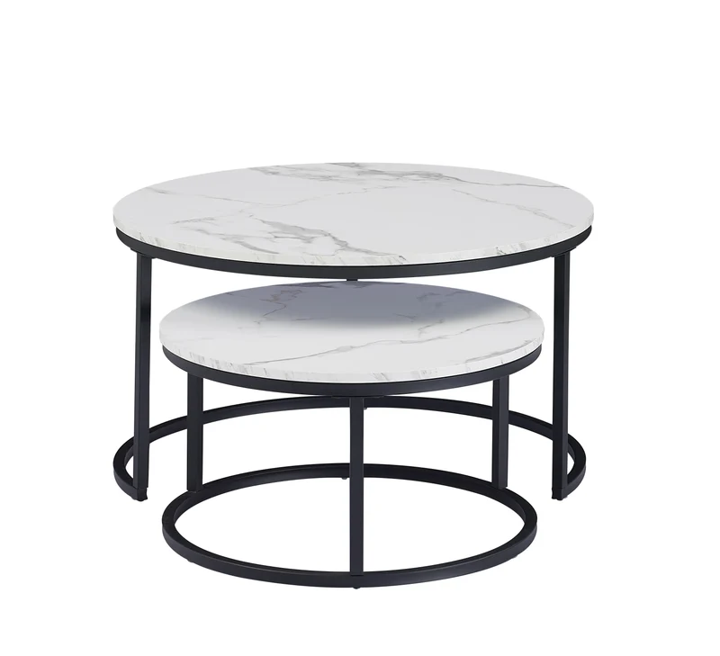 Table basse Luc — finition blanche, bois, marbre, métal