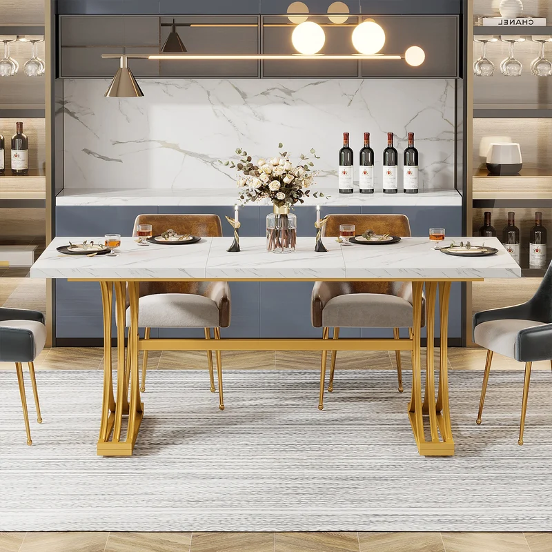 Table de salle à manger Louise — finition blanche, marbre, design contemporain, rectangulaire